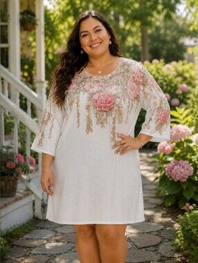 Women's XL Floral Tunic Dress White Pink Rose Print 3/4 Sleeve Cottagecore Boho